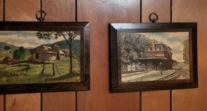 Pair of Vintage Framed Landscape Wall Art Prints Barn & Train Depot