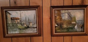Pair of Framed Mid-Century Impasto Harbor & Street Scene Paintings