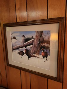Framed Pheasant Winter Farm Scene Wildlife Print Wall Art Wood Frame