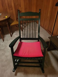 Dark Green Wooden Rocking Chair With Red Seat & Back Cushions