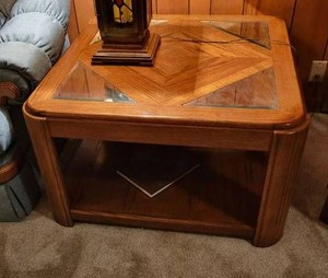 Oak Square End Table with Beveled Glass Inserts and Lower Shelf
