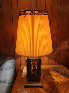 Vintage Gothic Lantern Table Lamp Stained Glass Panels Pleated Shade