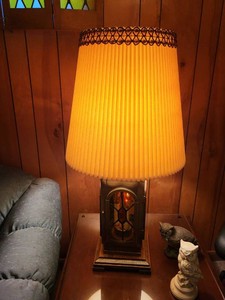 Vintage Lantern Style Table Lamp Pleated Shade Wood Brass Tone Base