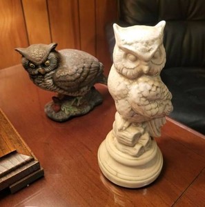Vintage Owl Figurines Ceramic Pedestal Owl & Brown Owl Decor Lot