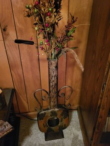 Rustic Metal Floor Vase with Faux Floral Arrangement Scroll Accent
