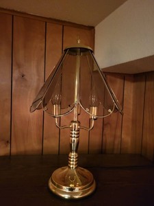 Vintage Brass Tone 2-Light Table Lamp w Smoked Glass Panel Shade