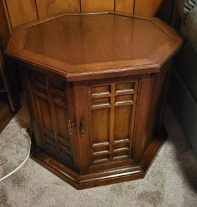 Vintage Octagonal Wood End Table Cabinet with Paneled Doors