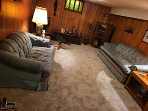 Matching Blue Upholstered Sofa & Loveseat Set with Wood Trim