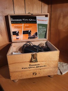 Vintage Ronson Roto-Shine Magnetic Electric Shoe Polisher in Wood Valet Box