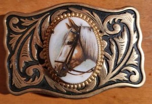 Vintage Western Brass Horse Equine Ceramic Cabochon Belt Buckle