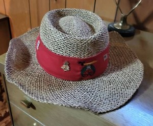 Vintage Shriners Straw Parade Hat with Embroidered Band and Pins