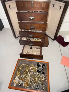 Wood Jewelry Box w Assorted Costume Jewelry Necklaces Earrings Rings