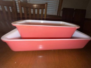 Vintage Pink Milk Glass Baking Dishes Loaf Pan & Cake Pan Set
