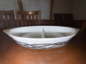 Vintage Pyrex Divided Oval Casserole Dish Black Atomic Scroll w Cradle