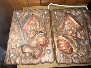 Pair of Vintage Chalkware Wall Plaques Medieval Soldier Reliefs