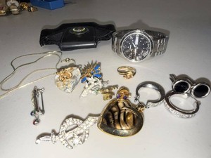 Mixed Costume Jewelry Lot Timex Watch Pins Necklace Earrings Ring