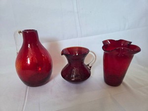 Vintage Hand Blown Red Crackle Glass Lot-3 pieces