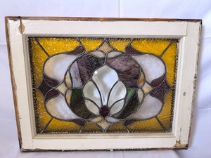 Art Nouveau Stained glass window panel in wood frame-WOW