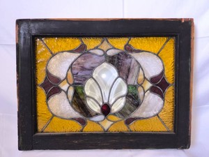 Art Nouveau Leaded Stained glass window panel in wood frame-WOW!