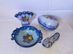 4 PIECES OF Vestal Alcobaca Portugues Pottery- Vase, bowl, sandal, trinket box