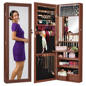 Best Choice Products LED Jewelry Armoire Cabinet w Full-Length Mirror - Over-DoorWall, Brown