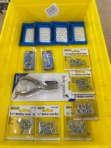 DECORATORs FASTENER LOT  Hooks, EyeHooks, Thumb Tacks, Hole Punch