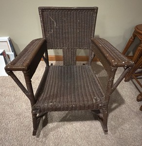 vintage brown, wicker, wooden rocker