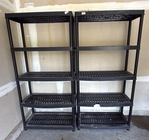 two plastic garage shelves