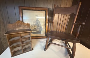 vintage kids, rocker antique frame with picture and a Wooden cabinet