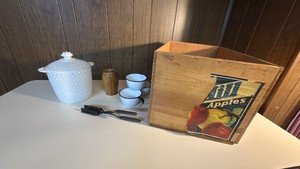 Anchor Hocking hobnail, cookie jar, wooden vase, hair crimper curling accessory,Apple wooden crate and metal cups