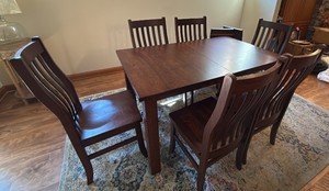 Amish custom-made solid wood dining room table with six chairs