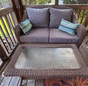 all season wicker loveseat with Glass top wicker table Table