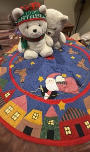 quilted tree skirt and two Santa bears