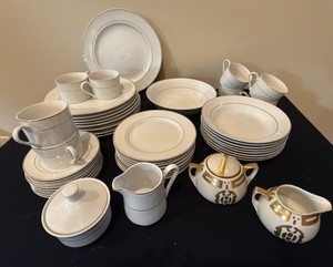 Gibson housewares brand eight piece gold rim white Dishes plus Royal sugar and creamer by Royal Austria