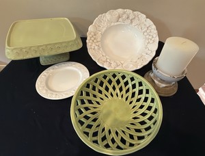 Pier One decorative fruit bowl, beautiful cake taker, bread basket, candle, and other serving plate