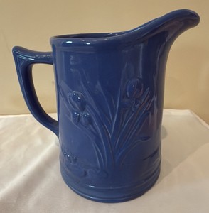 vintage 1998 Red Wing Collectors Society commemorative miniature blue iris pitcher featuring an embossed floral design.