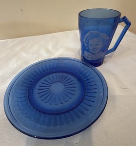 vintage Shirley Temple Glass, along with Hazel Atlas Aurora cobalt blue butter plate