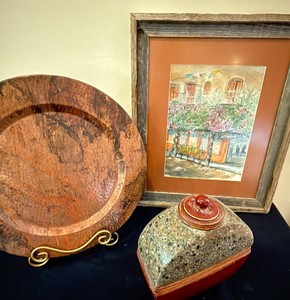 original watercolor framed art, metal tray, and decorative pot