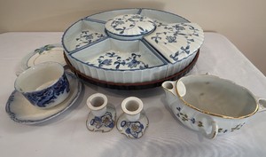 Vintage serving pieces featuring Von SCHIERHOLZ candlesticks, French double spout gravy dish and ceramic rotating appetizer server with lazy susan