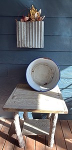 Tree and Barnwood crafted  Table, vintage enamel  wash pan, and galvanized Metal hanging
