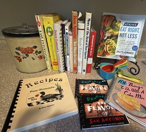 vintage flower can cookbook and cookbook stand
