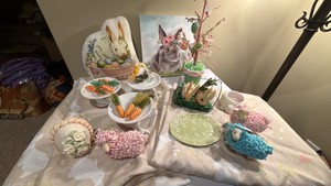easter decorating Lot includes two long tablecloth, some decorative, centerpieces and miscellaneous