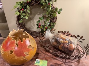 Hand Crafted Fall Decorations with a Artist Made Carved Gourd, Grapevine Wreath and Metal Serving Basket