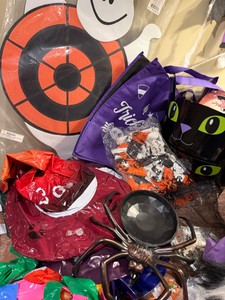 Halloween Games Lot with Witches Hat ring toss, balloons, cat target, gifts, buckets, decorations, etc