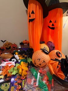 Halloween Grand Finale Lot with signs, bowl, carving tools, decorations, misc