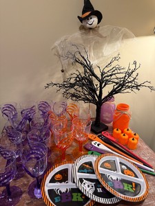 Halloween Party with 18 glasses, dishes, tree, and jars