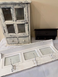 White Cabinet, White Coat Rack with Picture Space, and Black Key Rack with Drawer