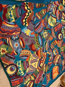Colorful Woven Blanket with Mesoamerican-style pottery, vases and vessels in the design