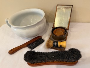vintage Johnson Bros Chamber Pot, folding travel shaving kit and some useable brushes