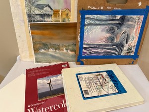 Portable Wooden Painting Board, Watercolor Palette with Cover, some original watercolor paintings and drawing paper
